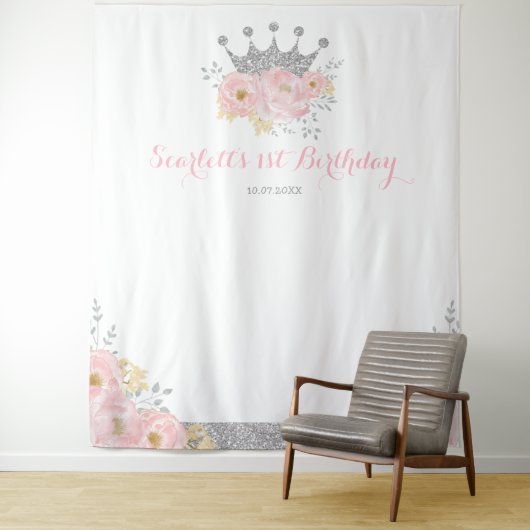 Zilver Roze Kroonprinses Verjaardag Fotobooth Wandkleed (In situ)