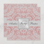 Zilver & Roze Monogram Damask Wedding Uitnodiging (Voorkant / Achterkant)