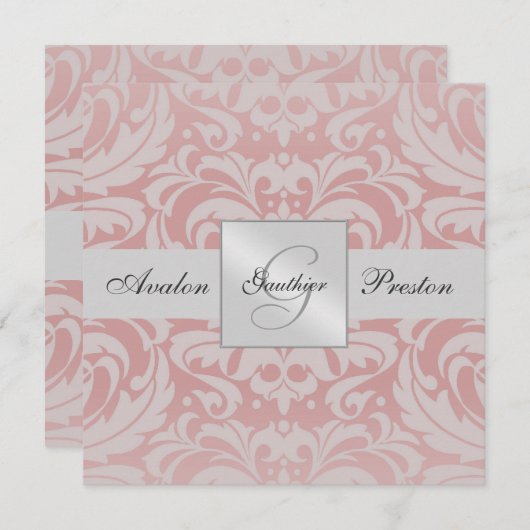 Zilver & Roze Monogram Damask Wedding Uitnodiging (Voorkant / Achterkant)