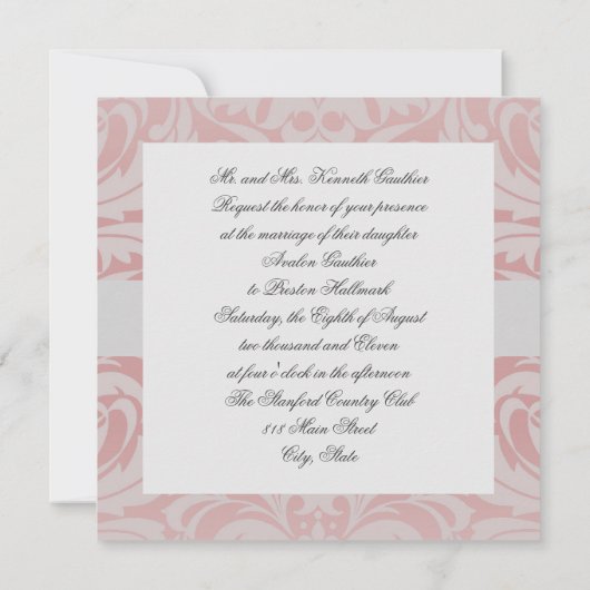 Zilver & Roze Monogram Damask Wedding Uitnodiging (Achterkant)