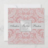 Zilver & Roze Monogram Damask Wedding Uitnodiging (Voorkant)