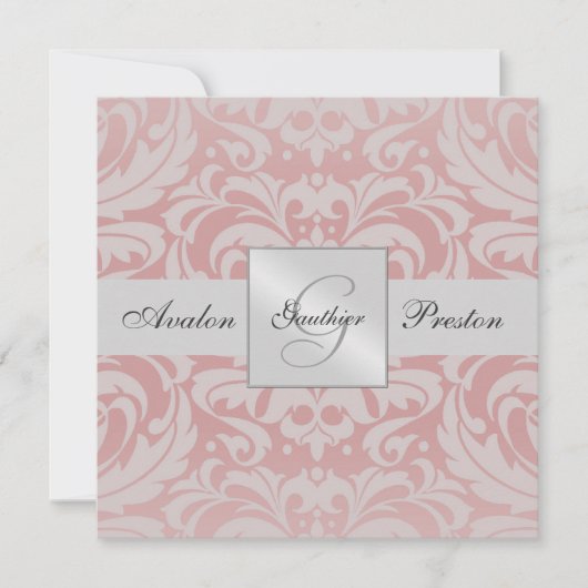 Zilver & Roze Monogram Damask Wedding Uitnodiging (Voorkant)