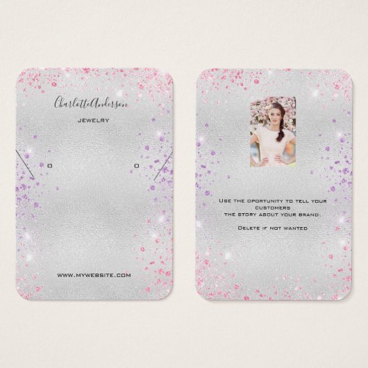 Zilver roze oorbellen foto display kaart (Voorkant /achterkant)