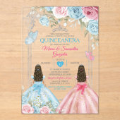 Zilver Roze & Pastel Blauwe Vlinder Quinceañera Acryl Uitnodigingen (Voorkant)