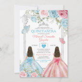 Zilver Roze & Pastel Blauwe Vlinder Quinceañera Kaart (Voorkant)