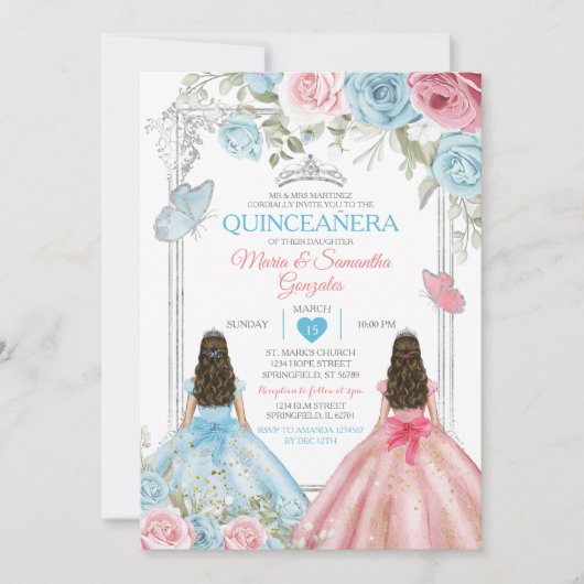 Zilver Roze & Pastel Blauwe Vlinder Quinceañera Kaart (Voorkant)