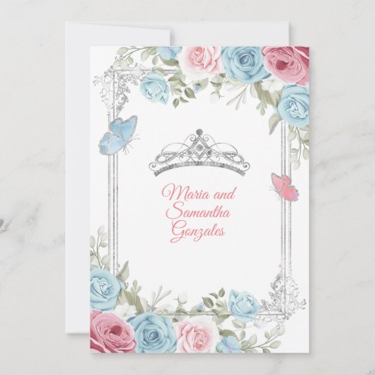 Zilver Roze & Pastel Blauwe Vlinder Quinceañera Kaart (Achterkant)