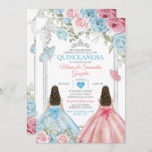 Zilver Roze & Pastel Blauwe Vlinder Quinceañera Kaart (Voorkant / Achterkant)