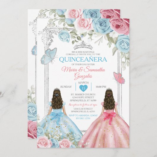 Zilver Roze & Pastel Blauwe Vlinder Quinceañera Kaart (Voorkant / Achterkant)