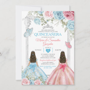 Zilver Roze & Pastel Blauwe Vlinder Quinceañera Kaart