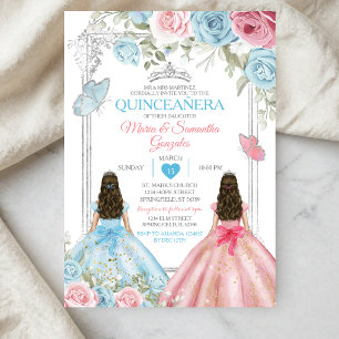 Zilver Roze & Pastel Blauwe Vlinder Quinceañera Kaart