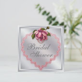 Zilver Roze Roos Hart Bruidsdouche Kaart (Staand voorkant)