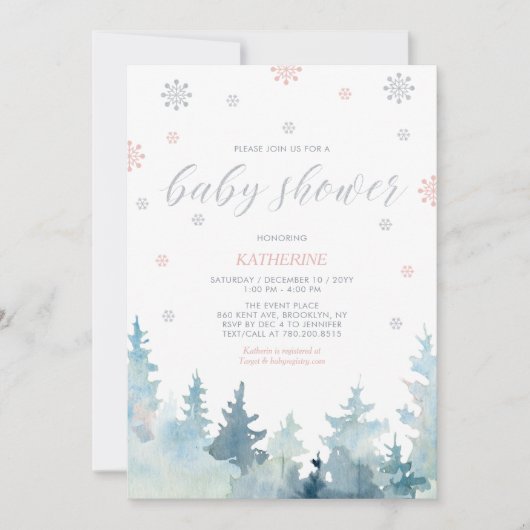Zilver & Roze Sneeuwvlok Winterbos Baby shower Kaart (Voorkant)
