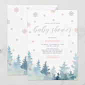 Zilver & Roze Sneeuwvlok Winterbos Baby shower Kaart (Voorkant / Achterkant)