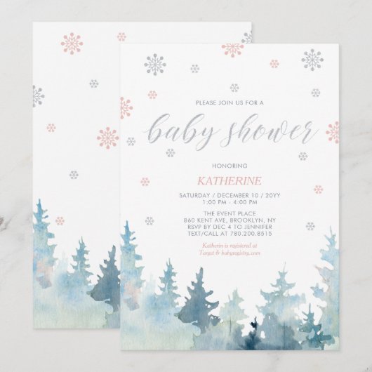 Zilver & Roze Sneeuwvlok Winterbos Baby shower Kaart (Voorkant / Achterkant)