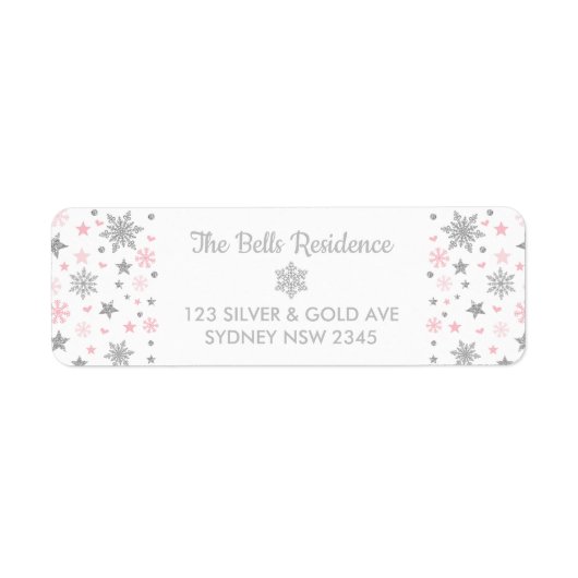 Zilver & Roze Sneeuwvlokken Winter Onederland Vaka Etiket (Voorkant)
