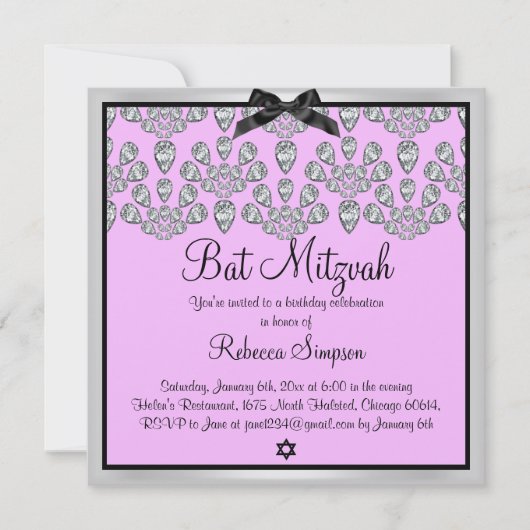 Zilver & Roze Voor Altijd Diamanten Bat Mitzvah Ui Kaart (Voorkant)