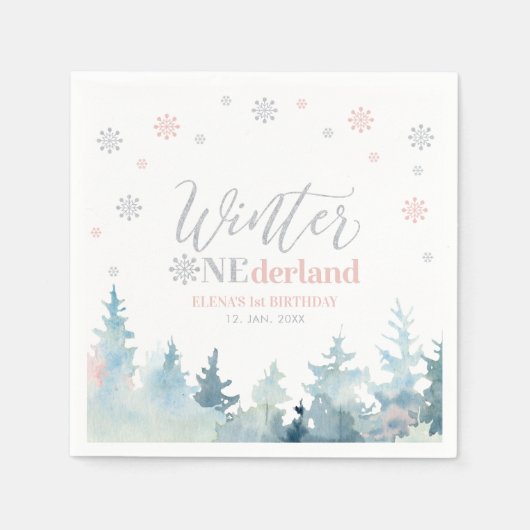 Zilver & Roze Winter Onederland 1e verjaardag Servet (Voorkant)