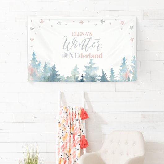 Zilver & Roze Winter Onederland 1e verjaardag Spandoek (Insitu)