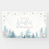 Zilver & Roze Winter Onederland 1e verjaardag Spandoek (Horizontaal)