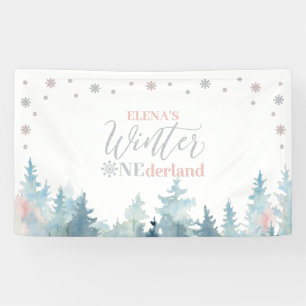 Zilver & Roze Winter Onederland 1e verjaardag Spandoek