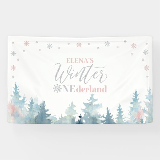 Zilver & Roze Winter Onederland 1e verjaardag Spandoek (Horizontaal)