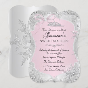 Zilver Roze Winter Sneeuwvlok Sweet 16 Uitnodiging