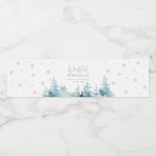 Zilver & Roze Winter Wonderland Verjaardagsfeest Waterfles Etiket (Enkel label)