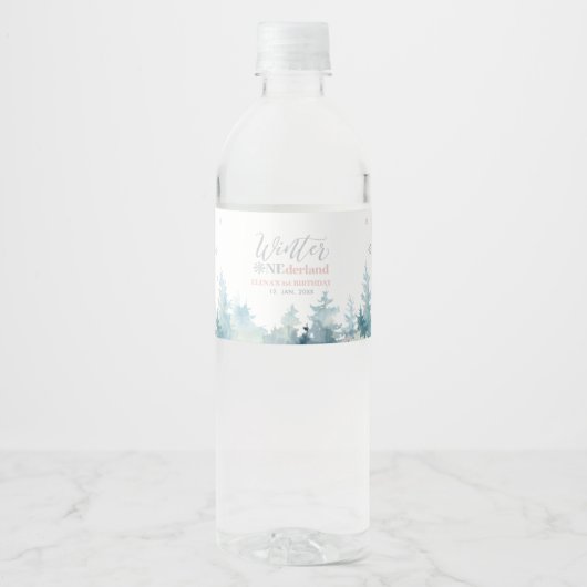 Zilver & Roze Winter Wonderland Verjaardagsfeest Waterfles Etiket (Voorkant)