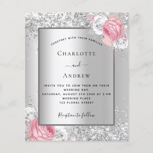 Zilver roze witte florale bruidebruinbruidebruinbr flyer (Voorkant)