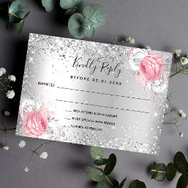 Zilver roze witte floralen glitter bruiloft RSVP Notitiekaartje