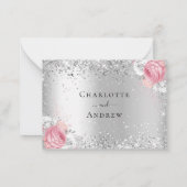 Zilver roze witte floralen glitter bruiloft RSVP Notitiekaartje (Achterkant)