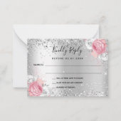 Zilver roze witte floralen glitter bruiloft RSVP Notitiekaartje (Voorkant)