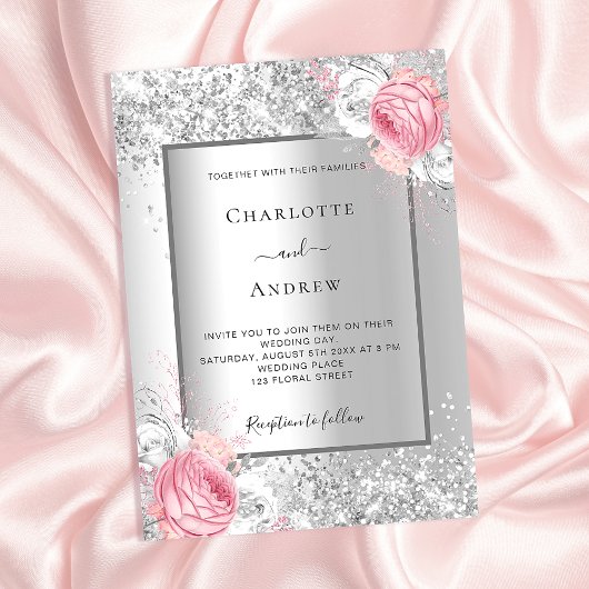 Zilver roze witte floralen luxueuze bruiloft kaart