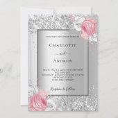 Zilver roze witte floralen luxueuze bruiloft kaart (Voorkant)