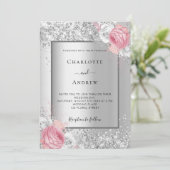 Zilver roze witte floralen luxueuze bruiloft kaart (Staand voorkant)
