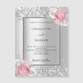 Zilver roze witte floralen luxueuze bruiloft magnetische uitnodiging (Voorkant)