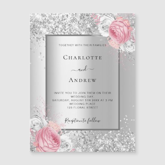 Zilver roze witte floralen luxueuze bruiloft magnetische uitnodiging (Voorkant)