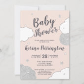 Zilver roze wolken sterren meisje baby shower kaart (Voorkant)