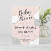 Zilver roze wolken sterren meisje baby shower kaart (Staand voorkant)