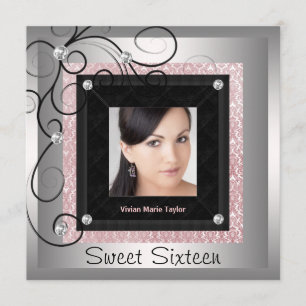 Zilver Roze Zwart Damast Foto Sweet 16 Feest Kaart