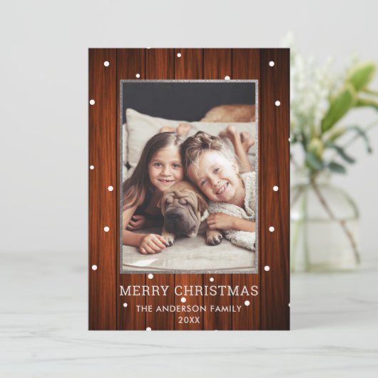 Zilver | Rustisch landhout FotoKerstmis Feestdagenkaart (Staand voorkant)