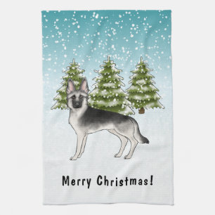 Zilver Sable Duitse Herder in Winter Met Tekst Theedoek