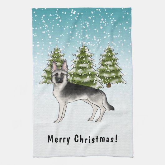 Zilver Sable Duitse Herder in Winter Met Tekst Theedoek (Verticaal)