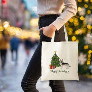 Zilver Sable Duitse Herdershond En Groene Kerst Tote Bag