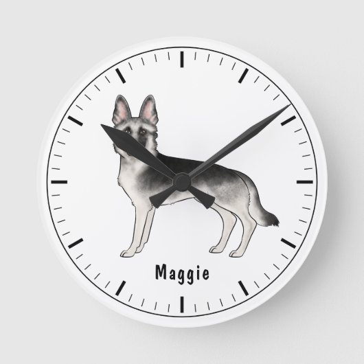 Zilver Sable Duitse Herdershond met aangepaste tek Ronde Klok (Voorkant)