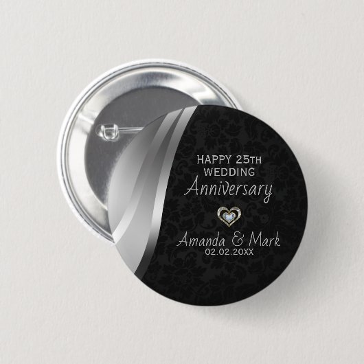 Zilver Satin en Black Damask Ronde Button 5,7 Cm (Voorkant /achterkant)