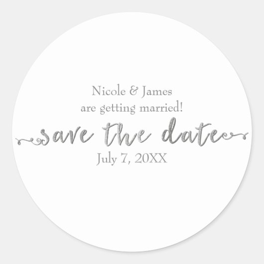 Zilver Save the Date Script Op Maat Gepersonalisee Ronde Sticker (Voorkant)