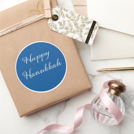 Zilver Script Gelukkig Hanukkah Tekhelet Blauw Ronde Sticker (Geschenken)