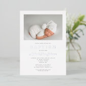 Zilver Script Modern Grijze Foto Jongens Doop Folie Uitnodiging (Staand Voorkant)